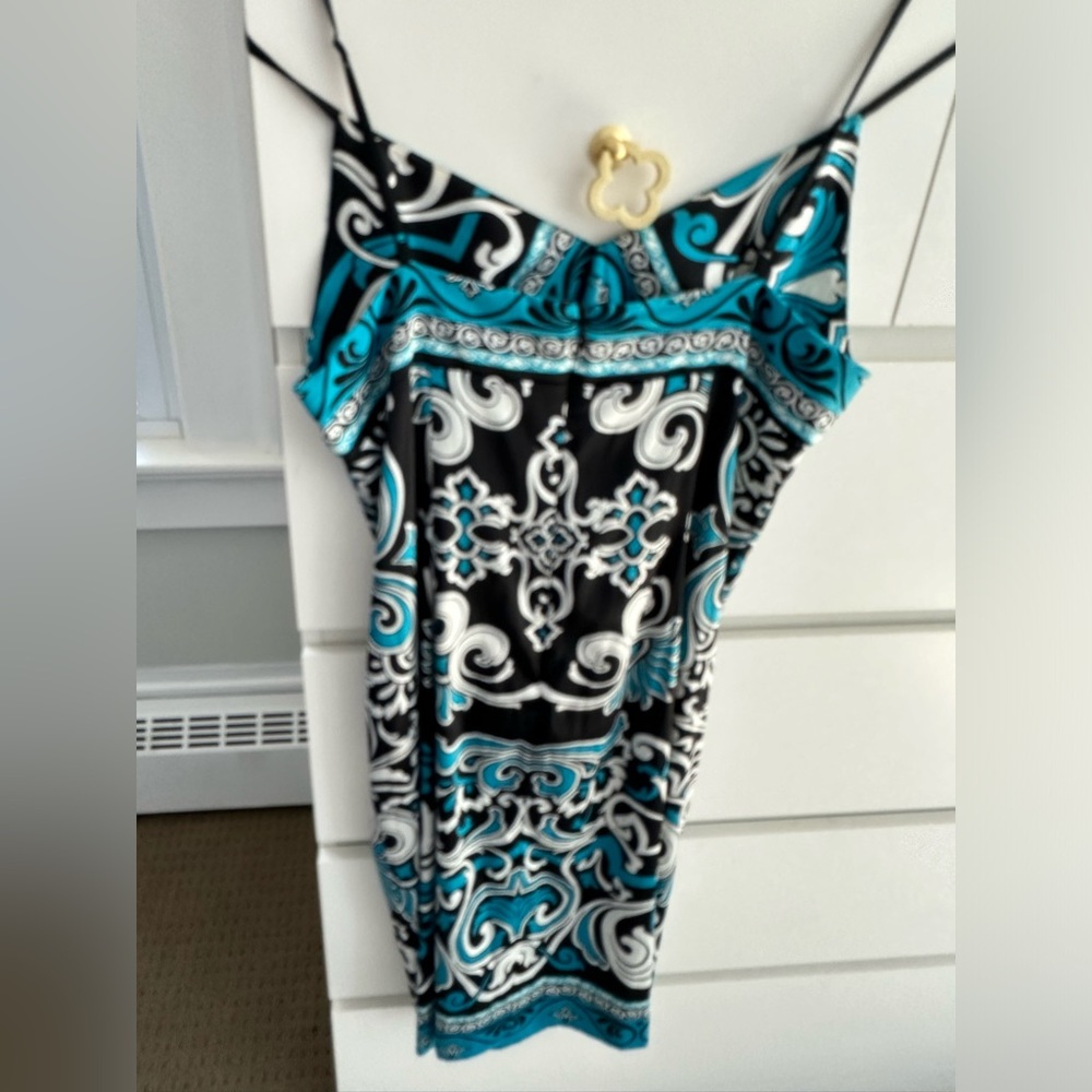 Women’s Blue Black Scarf Print Stretchy Silk Satin Lined Spaghetti Dress 10